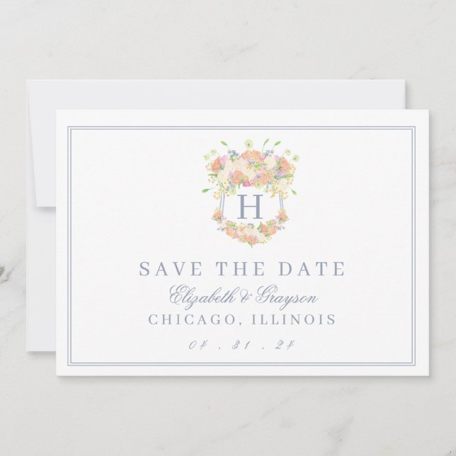 Watercolor Floral Garden Party Crest Save The Date (Front)