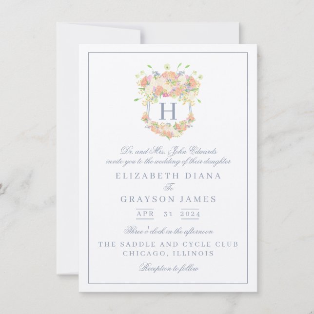 Watercolor Floral Garden Party Crest Wedding Invitation (Front)