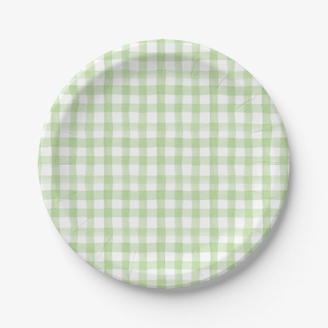 Watercolor Floral Garden Party Green Gingham Paper Plate (Front)