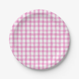 Watercolor Floral Garden Party Pink Gingham Paper Plate