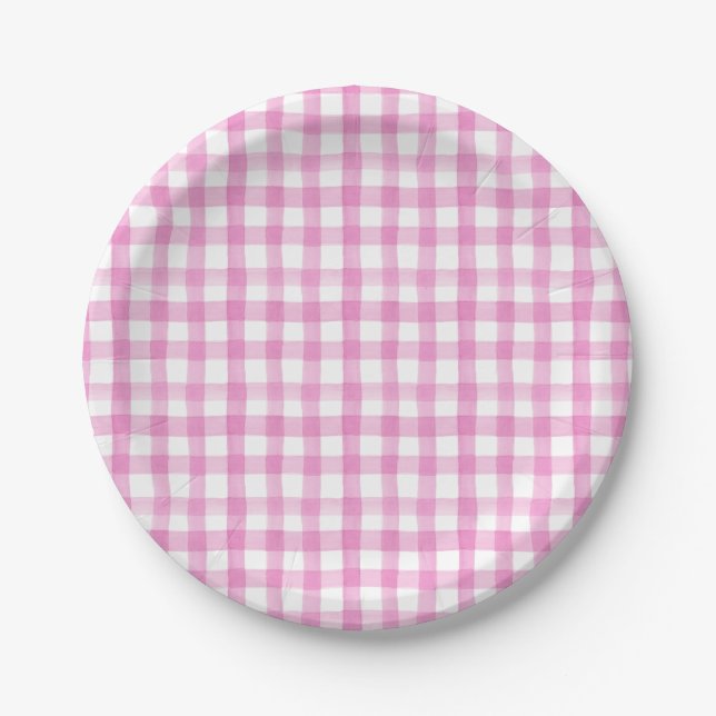 Watercolor Floral Garden Party Pink Gingham Paper Plate (Front)