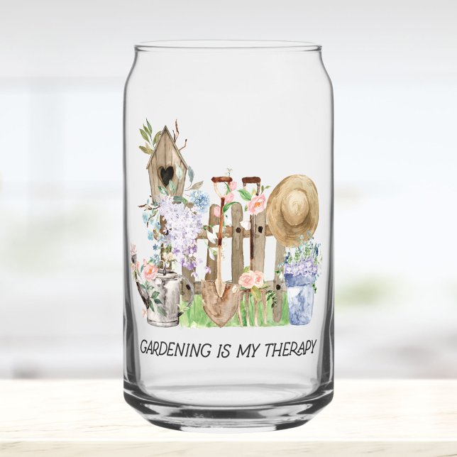 Watercolor Floral Gardening Tools and Quote Can Glass (In situ)