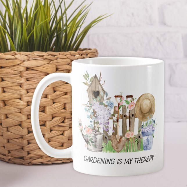 Watercolor Floral Gardening Tools and Quote Coffee Mug (Close up beside a plant)