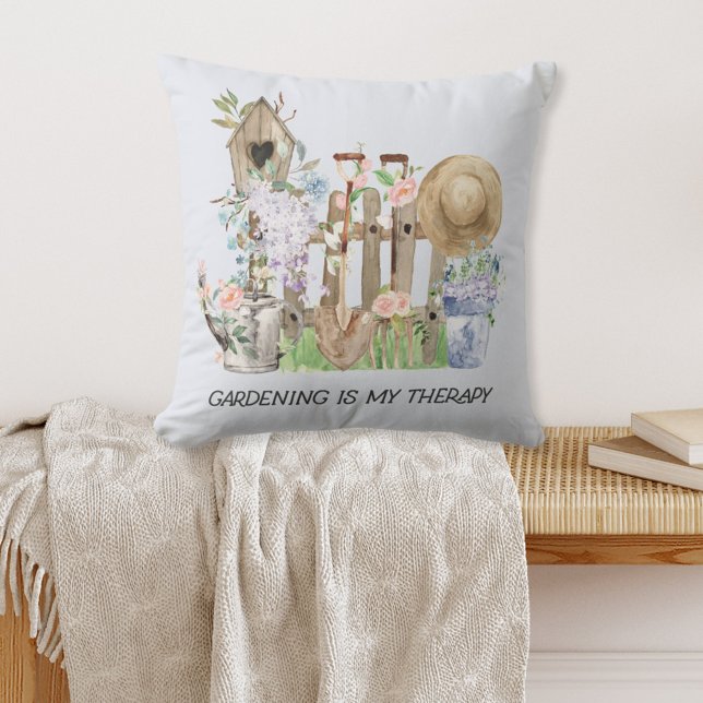 Watercolor Floral Gardening Tools and Quote Cushion (In situ)