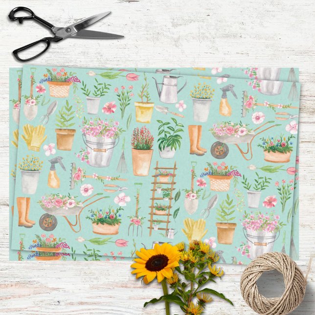 Watercolor Floral Gardening Tools Garden Pattern Tissue Paper (In situ)