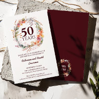 Watercolor Floral Garland Dark red 50th Wedding