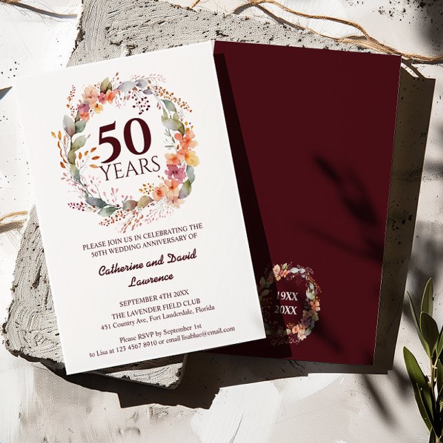 Watercolor Floral Garland Dark red 50th Wedding  Invitation (Creator Uploaded)