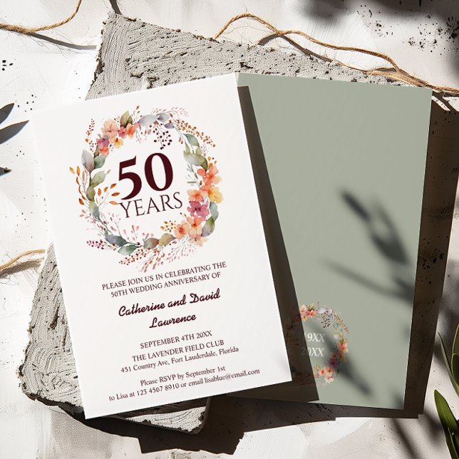 Watercolor Floral Garland Sage green 50th Wedding  Invitation (Creator Uploaded)