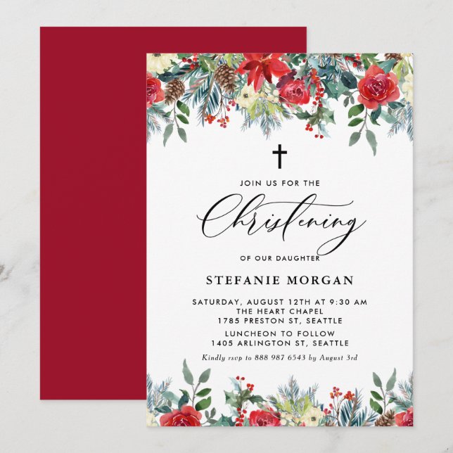 Watercolor Floral Garland Winter Christening Invitation (Front/Back)