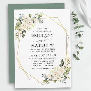 Watercolor Floral Geo Frame Sage Green Wedding Invitation