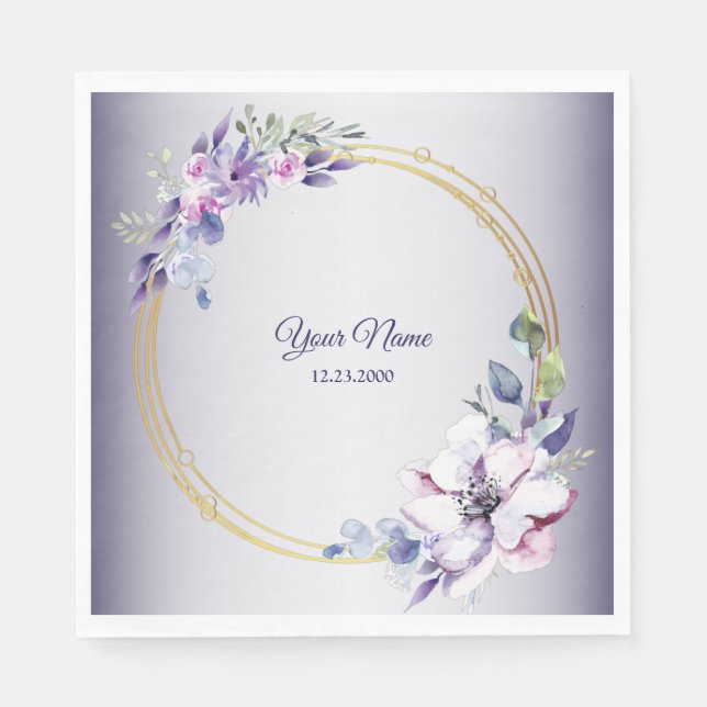 Watercolor Floral Geometric Golden Purple Wedding Napkin (Front)