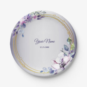 Watercolor Floral Geometric Golden Purple Wedding Paper Plate