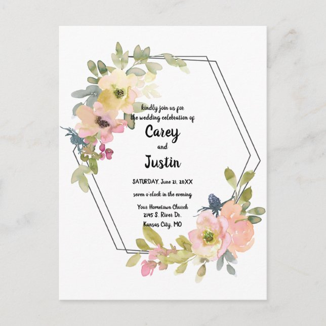 Watercolor Floral Geometric Wedding Postcard (Front)
