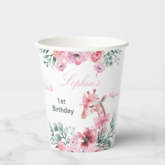 Watercolor Floral Giraffe Ribbon Girl Birthday  Paper Cups (Front)