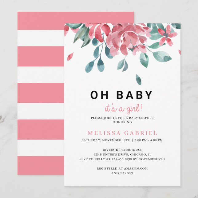 Watercolor Floral Girl Baby Shower Invitation (Front/Back)