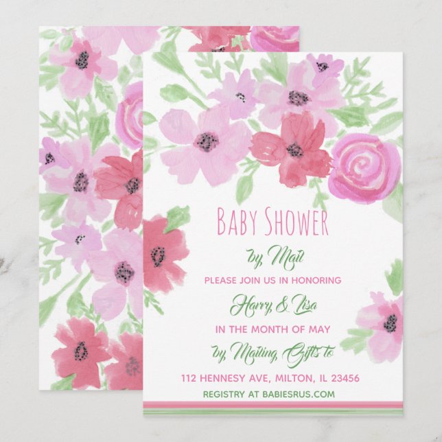 Watercolor Floral Girl's Baby Shower by Mail Invitation (Front/Back)