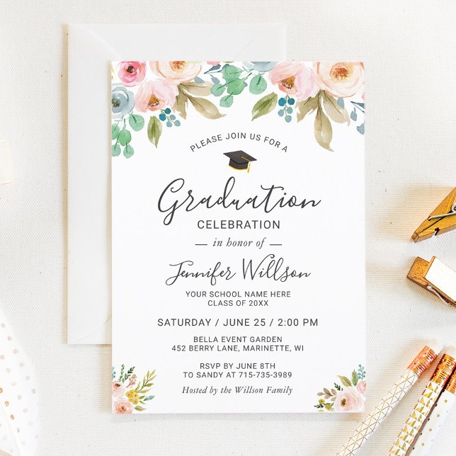 Watercolor Floral Girly Photo Graduation Party Invitation (Creator Uploaded)