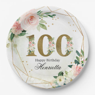 Watercolor Floral & Gold 100th Birthday Custom Paper Plate