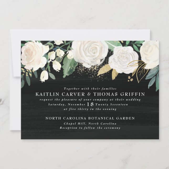 Watercolor Floral + Gold Accent Wedding Invitation (Front)