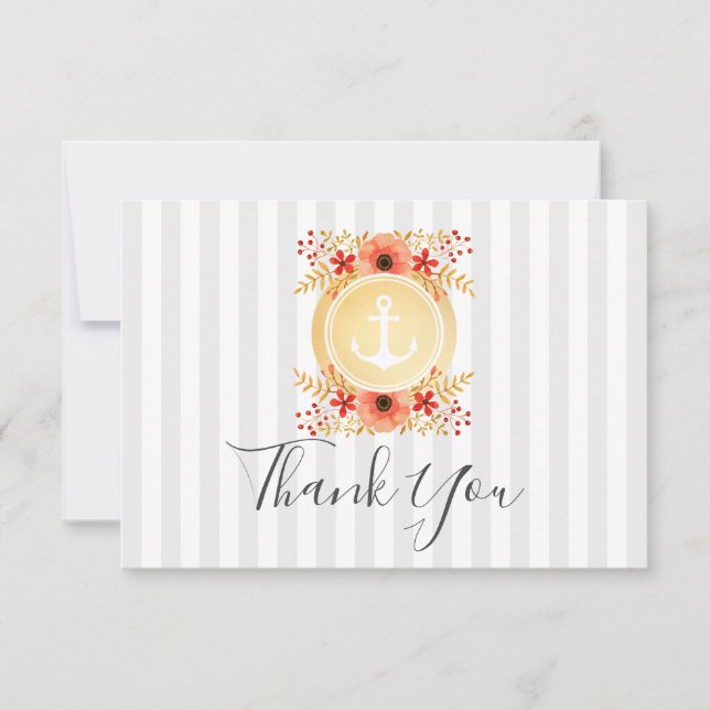 Watercolor Floral Gold Anchor Thank You  Card (Front)