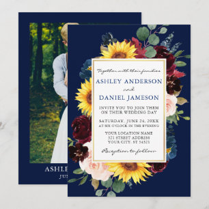 Watercolor Floral Gold Blue Photo Wedding Invitation