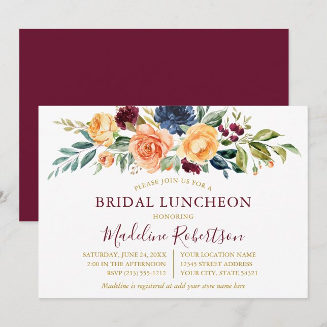 Watercolor Floral Gold Bridal Luncheon Burgundy Invitation (Front/Back)