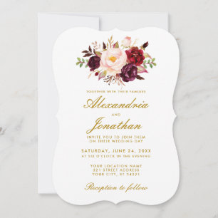 Watercolor Floral Gold Burgundy Wedding BR Invitation