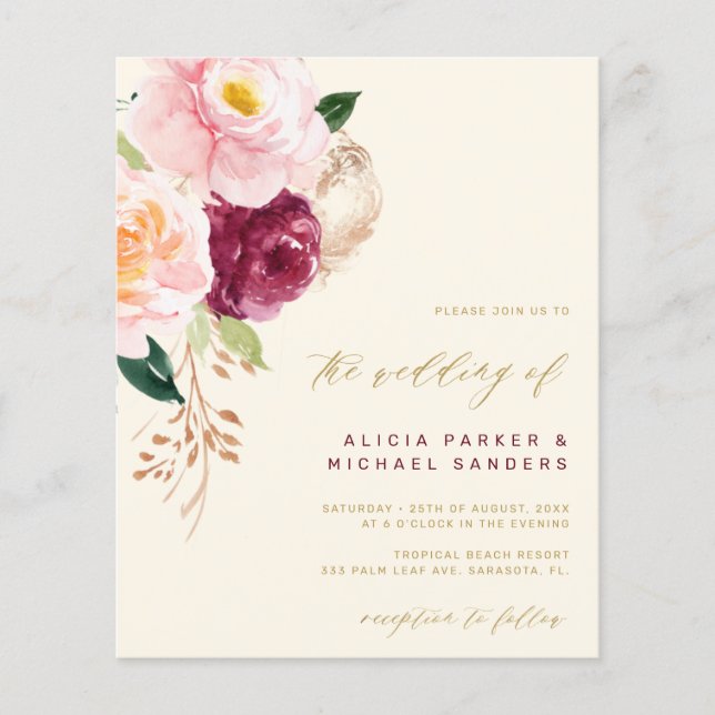 Watercolor floral gold burgundy wedding invitation flyer (Front)