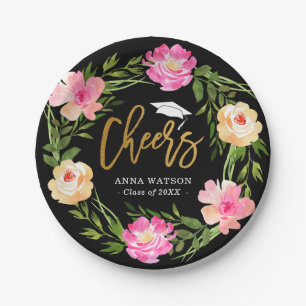 Watercolor Floral Gold Cheers Custom Graduation Paper Plate