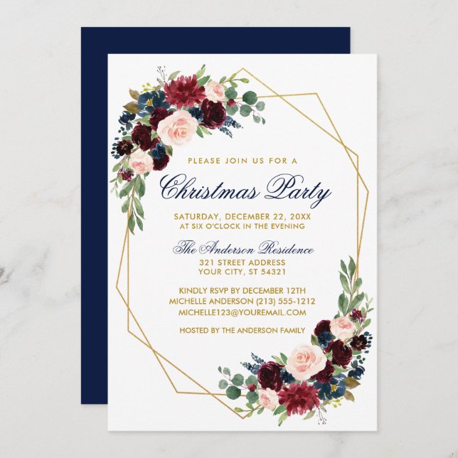 Watercolor Floral Gold Christmas Party Blue Invitation (Front/Back)