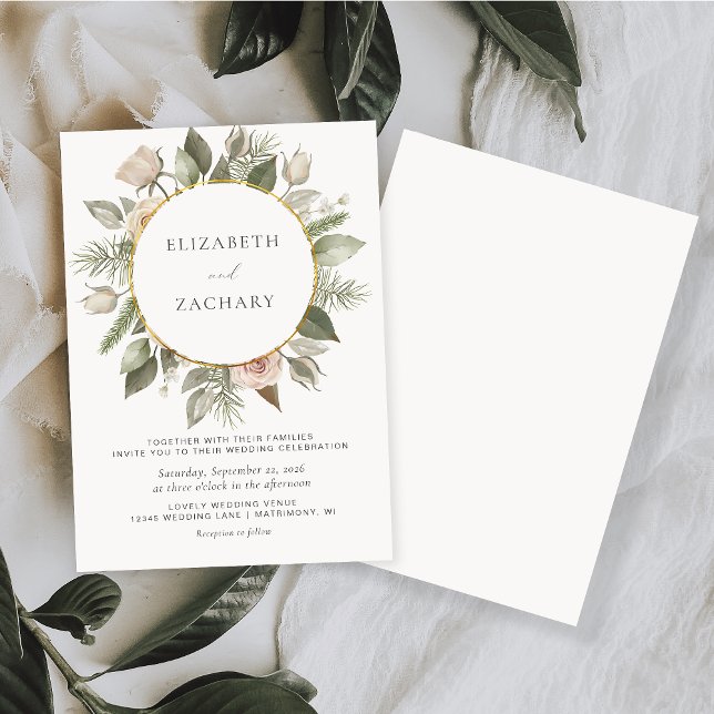 Watercolor Floral Gold Circle Ivory Wedding Invitation (Creator Uploaded)