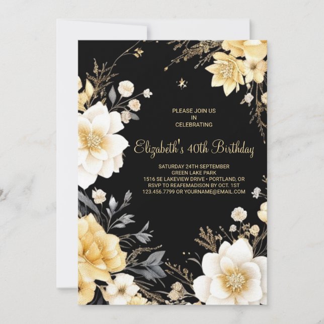 Watercolor Floral Gold Elegant 40th Birthday Invitation (Front)
