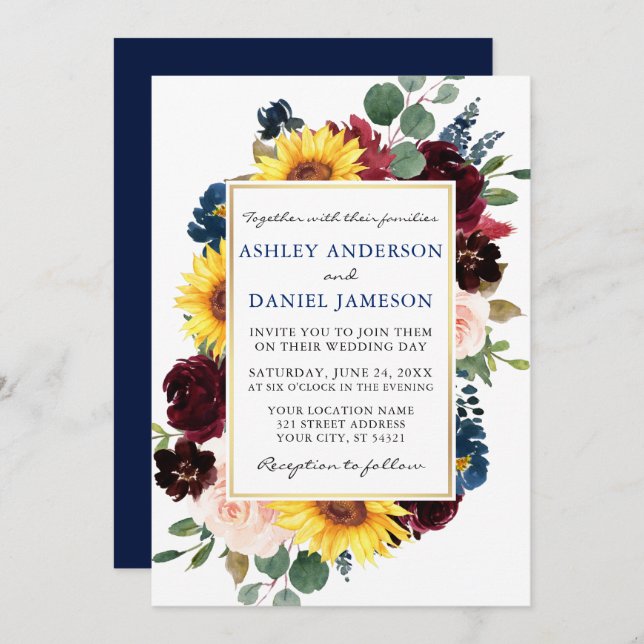 Watercolor Floral Gold Frame Blue Wedding Invitation (Front/Back)