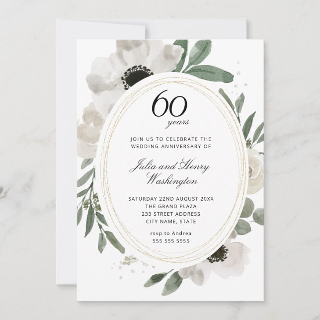 Watercolor Floral Gold Glitter 60th Anniversary Invitation (Front)