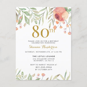 Watercolor Floral Gold Glitter 80th Birthday Party Invitation Postcard
