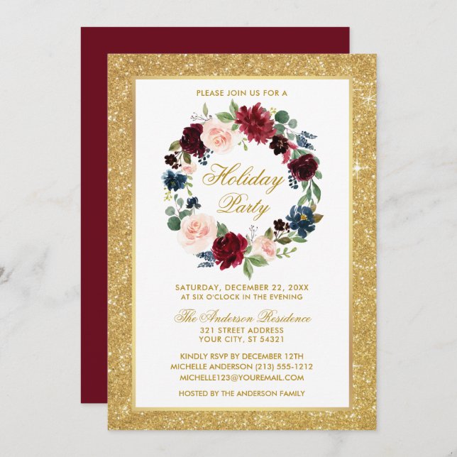 Watercolor Floral Gold Glitter Holiday Party Invitation (Front/Back)