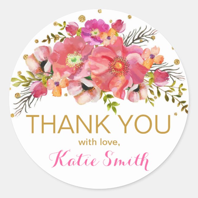 Watercolor Floral Gold Glitter Thank You Label (Front)