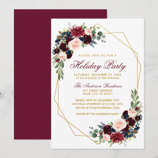 Watercolor Floral Gold Holiday Party Invitation (Front/Back)