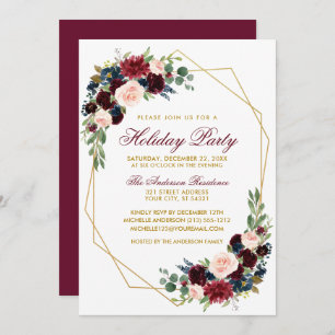 Watercolor Floral Gold Holiday Party Invitation