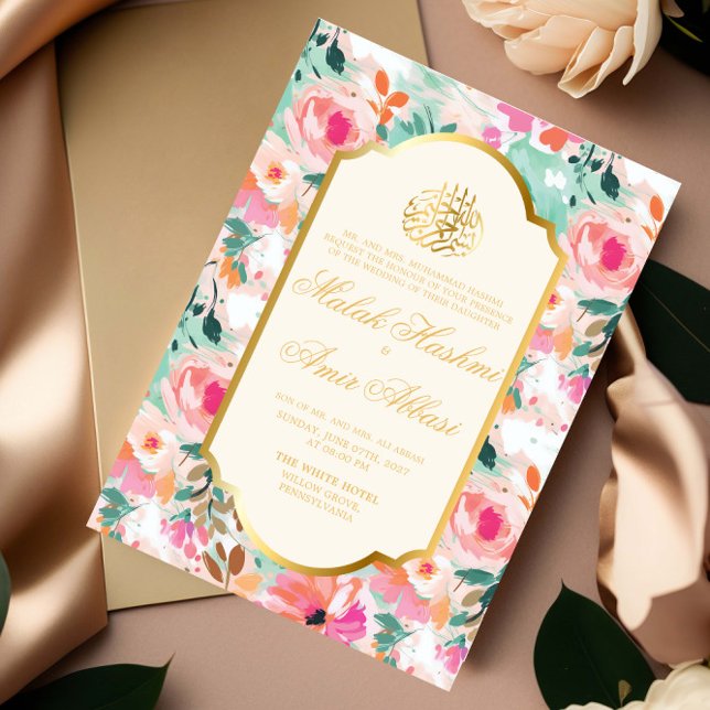 Watercolor Floral Gold Islamic Muslim Wedding Invitation (Creator Uploaded)