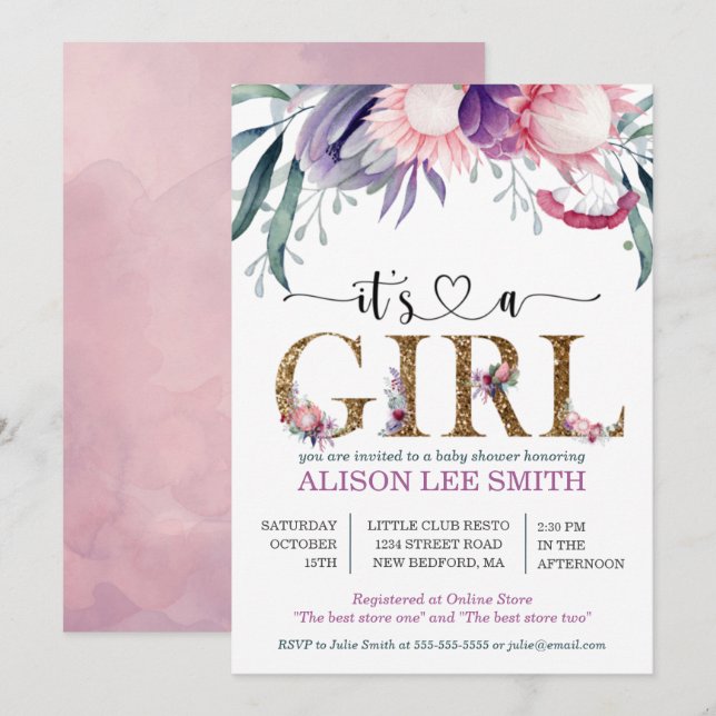 Watercolor Floral & Gold "Its A Girl" Baby Shower (Front/Back)