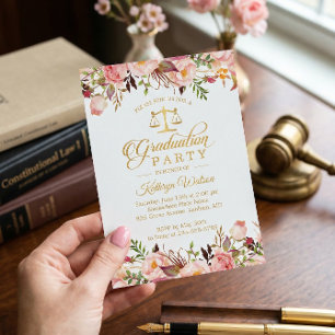 Watercolor Floral Gold Law School Graduation Photo Invitation