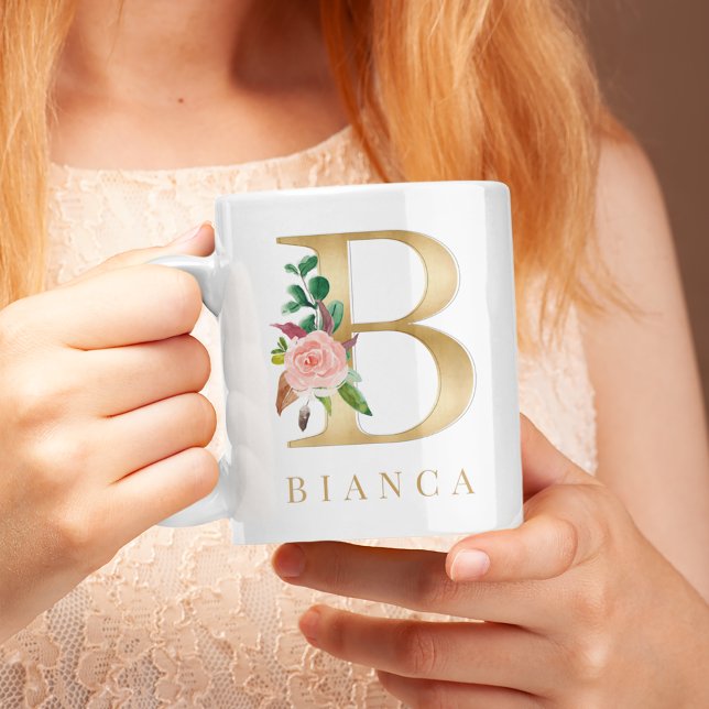 Watercolor Floral & Gold Letter B Monogram Coffee Mug (Creator Uploaded)