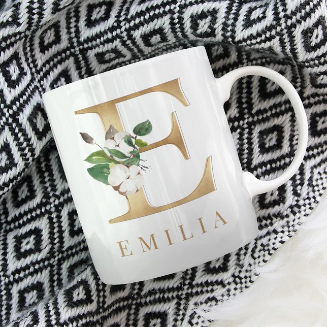 Watercolor Floral & Gold Letter E Monogram Coffee Mug (Creator Uploaded)