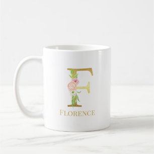 Watercolor Floral & Gold Letter E Monogram Coffee Mug