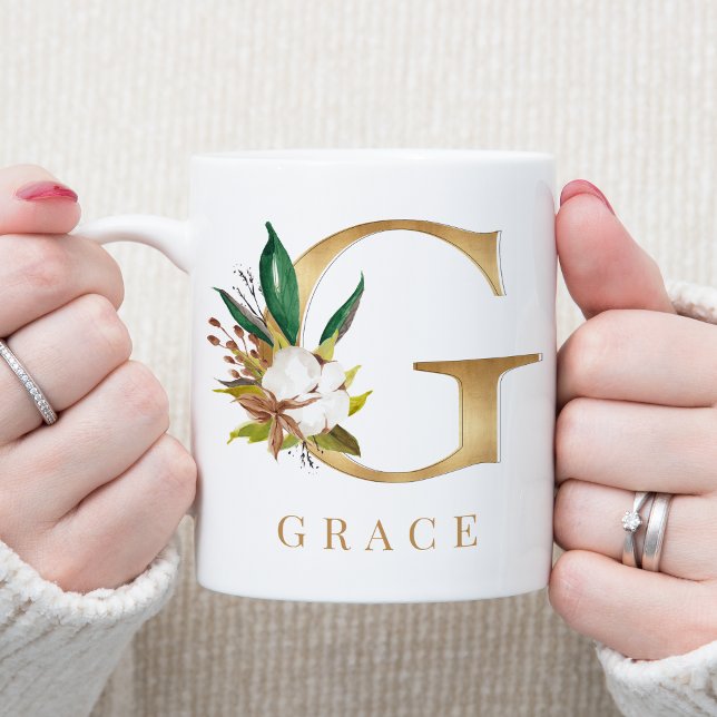 Watercolor Floral & Gold Letter G Monogram Coffee Mug (Creator Uploaded)