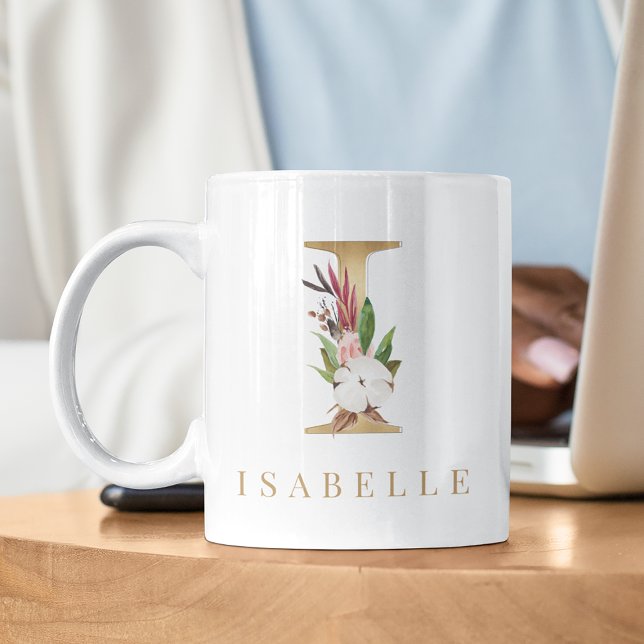 Watercolor Floral & Gold Letter I Monogram Coffee Mug (Creator Uploaded)