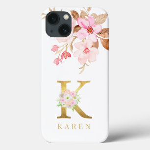 Watercolor Floral & Gold Letter k Monogram iPhone 13 Case