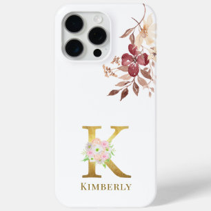 Watercolor Floral & Gold Letter K Monogram iPhone 15 Pro Max Case
