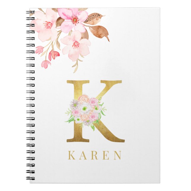 Watercolor Floral & Gold Letter k Monogram  Notebook (Front)